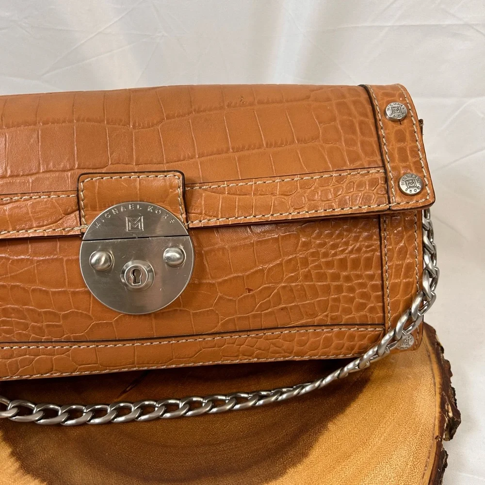 Cognac Croc-Embossed Leather Shoulder Bag with Silver Chain